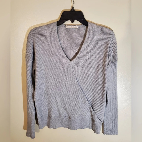 Elodie wool blend v neck ribbed sweater size L grey - Picture 1 of 8